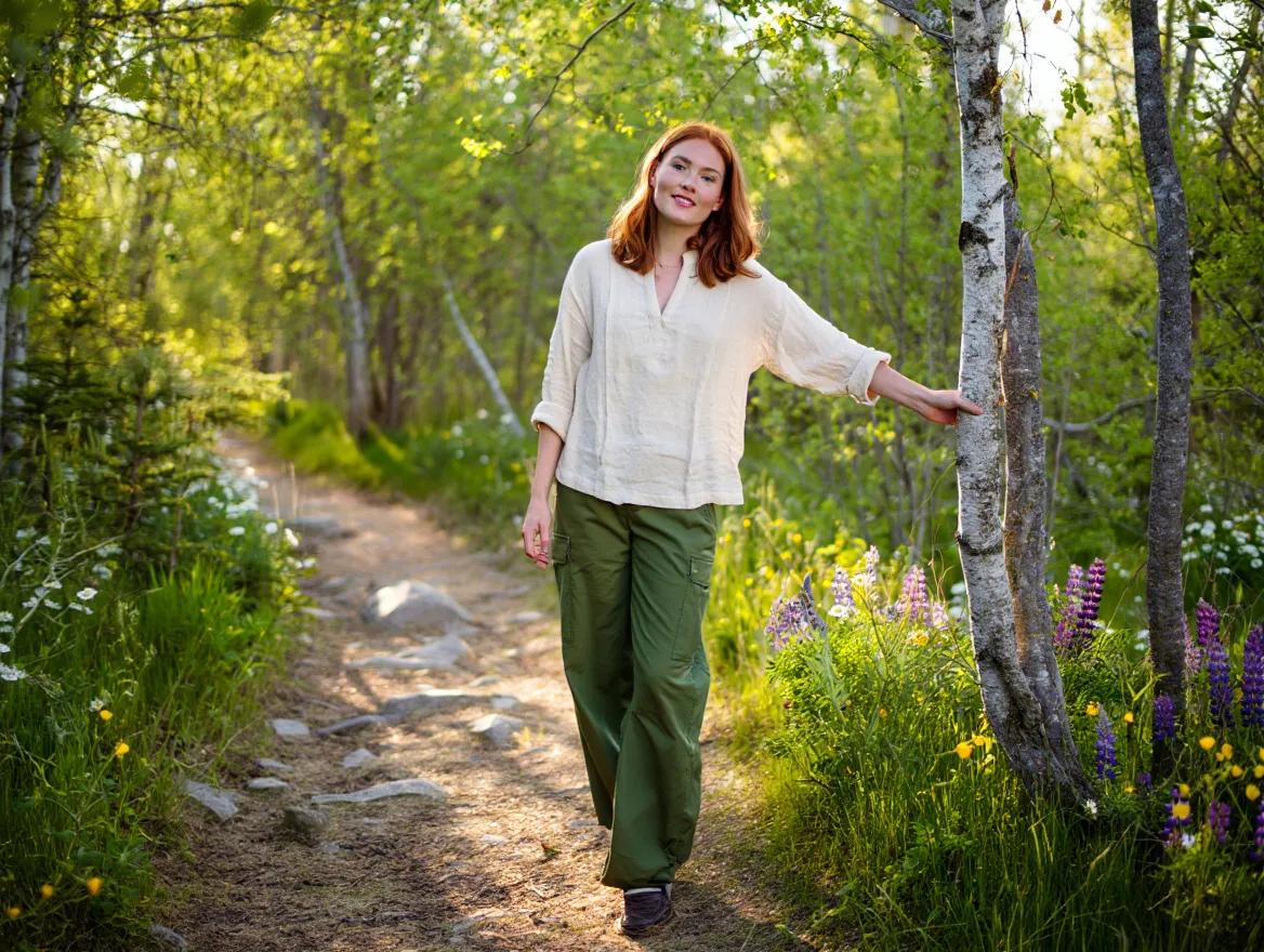 Person enjoying a calm walk on a sunlit trail surrounded by trees